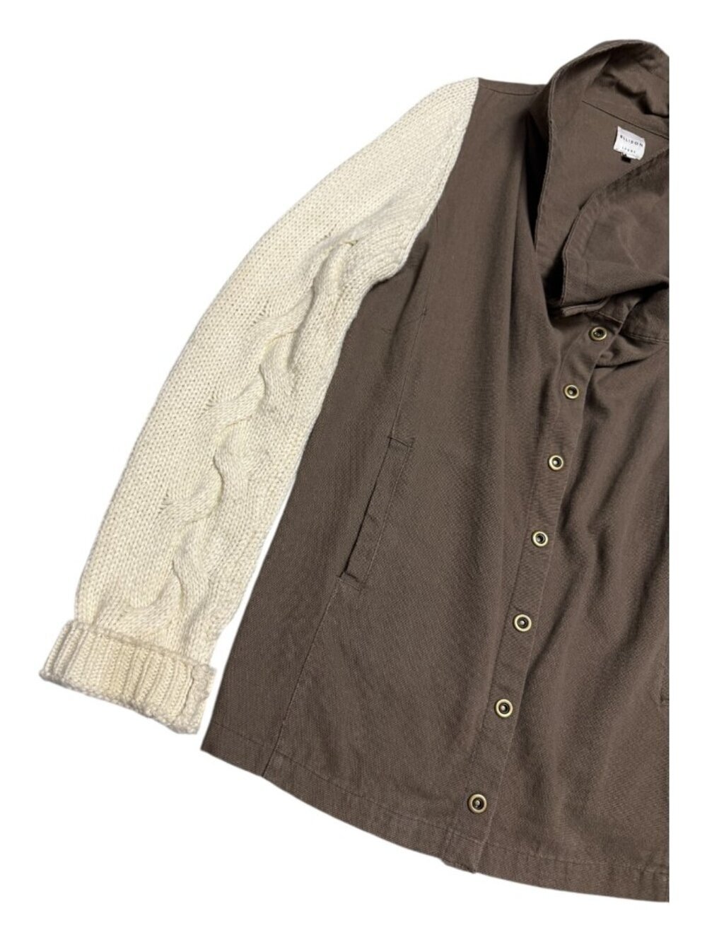ELLISON Khaki Knit Sleeve Luxury Designer Casual Sweater Jacket Shacket Womens L - Picture 4 of 7